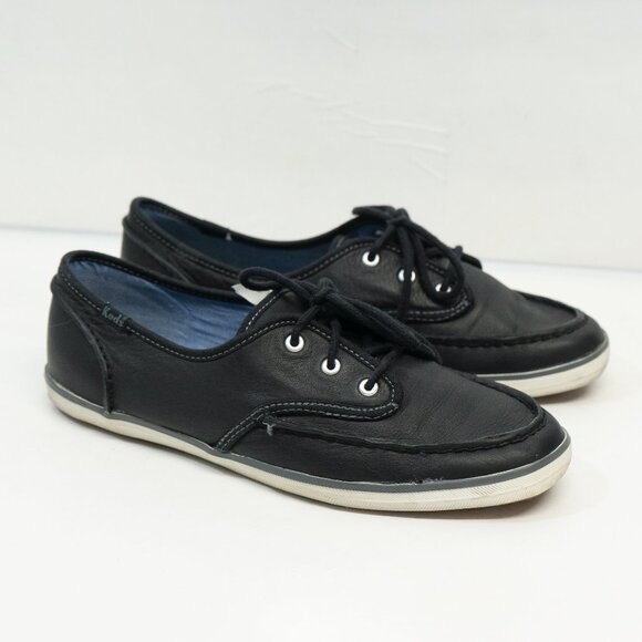 Keds Leather Sneaker Black Minimal Low Retro 60s Goth Lace Up Boat Classic Shoe - Picture 2 of 12